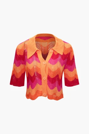 Color Block Crochet Knit Short Sleeve Top>MICAS Best