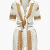 Color Block Crochet Open Knit Button Up Top And Shorts Set>MICAS Hot