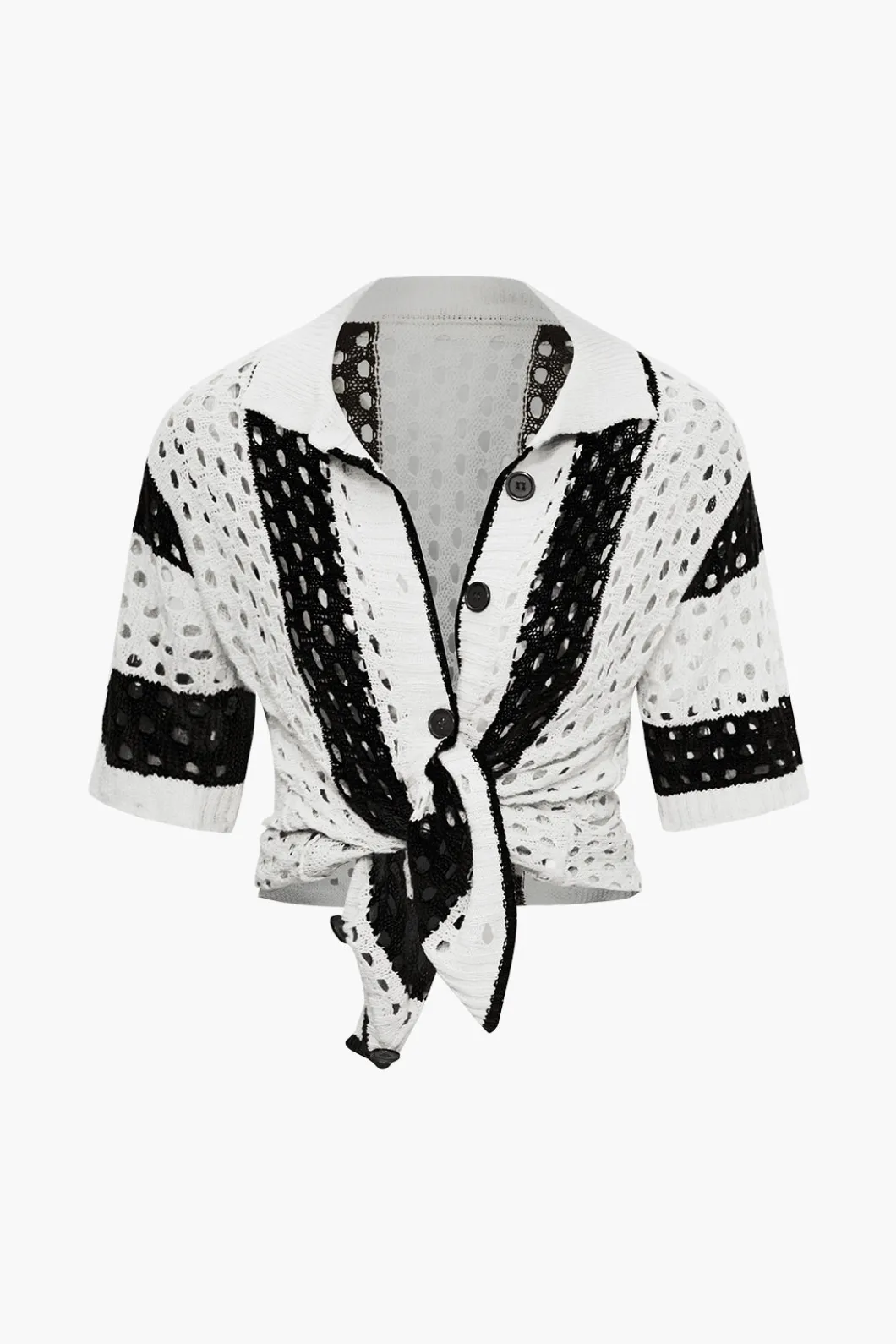 Color Block Crochet Open Knit Button Up Top And Shorts Set>MICAS Hot