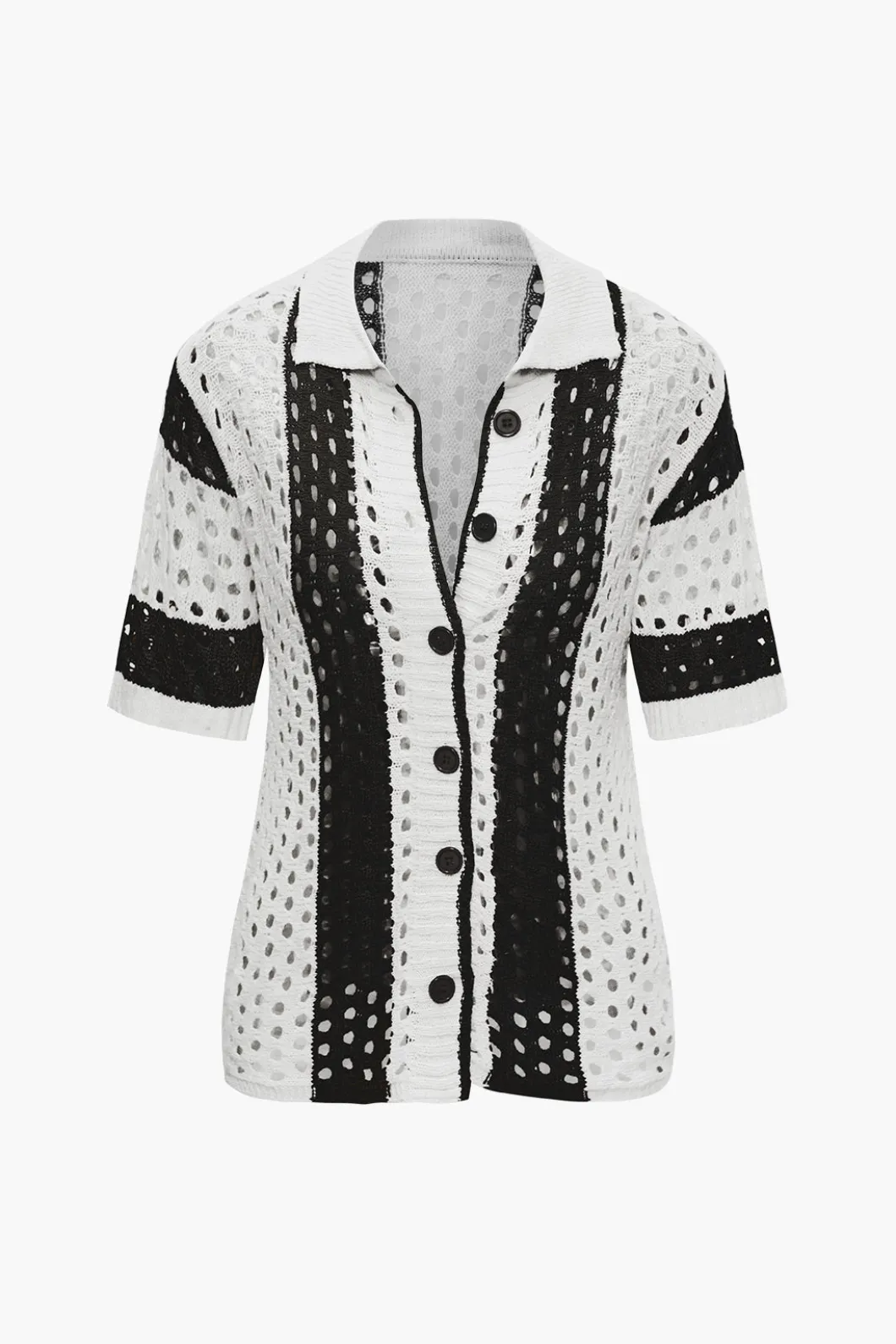 Color Block Crochet Open Knit Button Up Top And Shorts Set>MICAS Hot