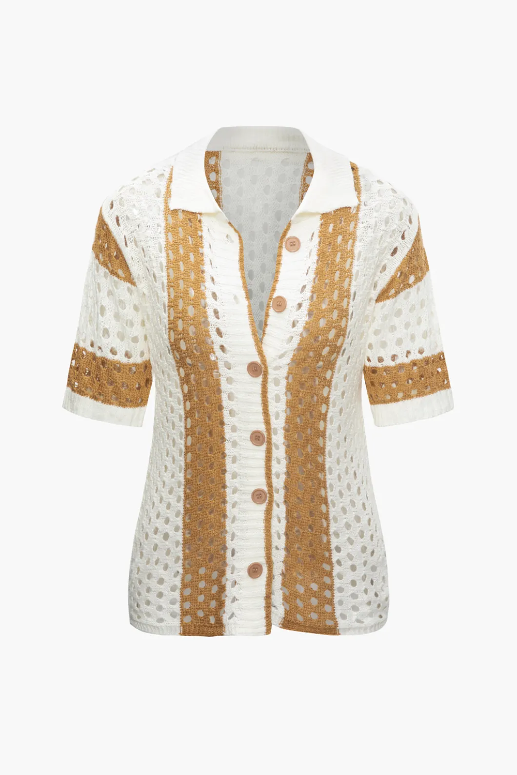 Color Block Crochet Open Knit Button Up Top And Shorts Set>MICAS Hot