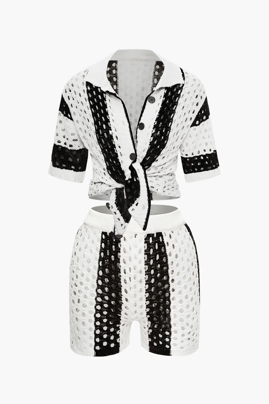 Color Block Crochet Open Knit Button Up Top And Shorts Set>MICAS Hot