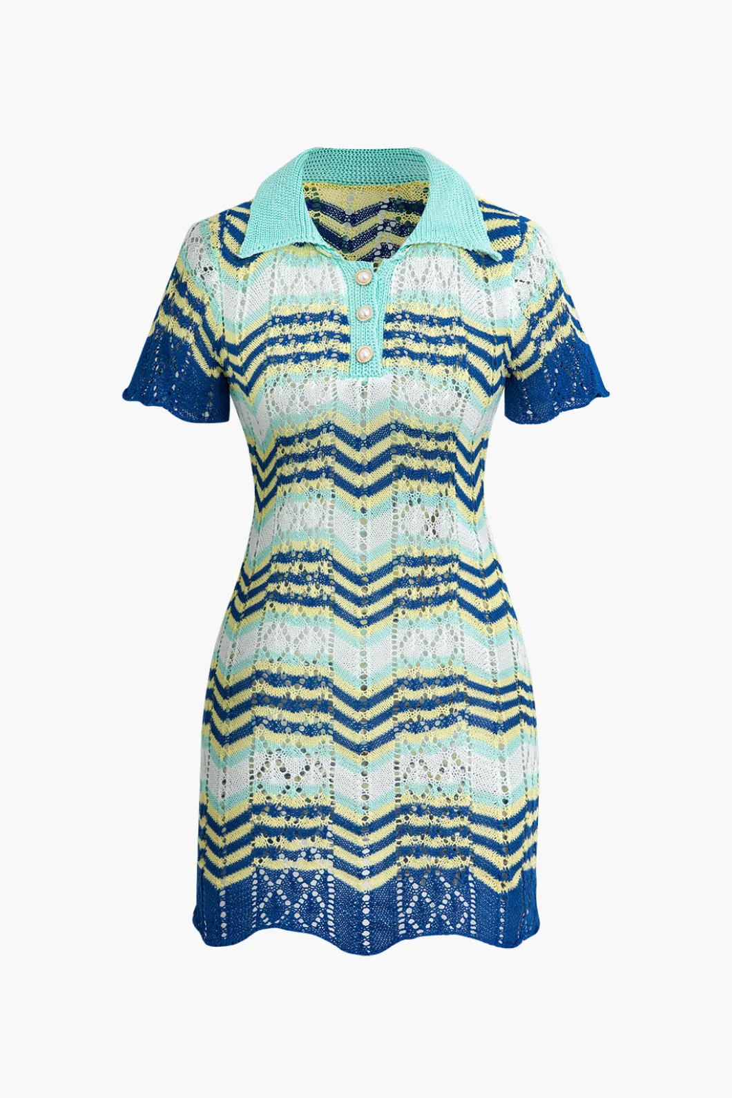 Color Block Crochet Polo Collar Short Sleeve Mini Dress>MICAS New