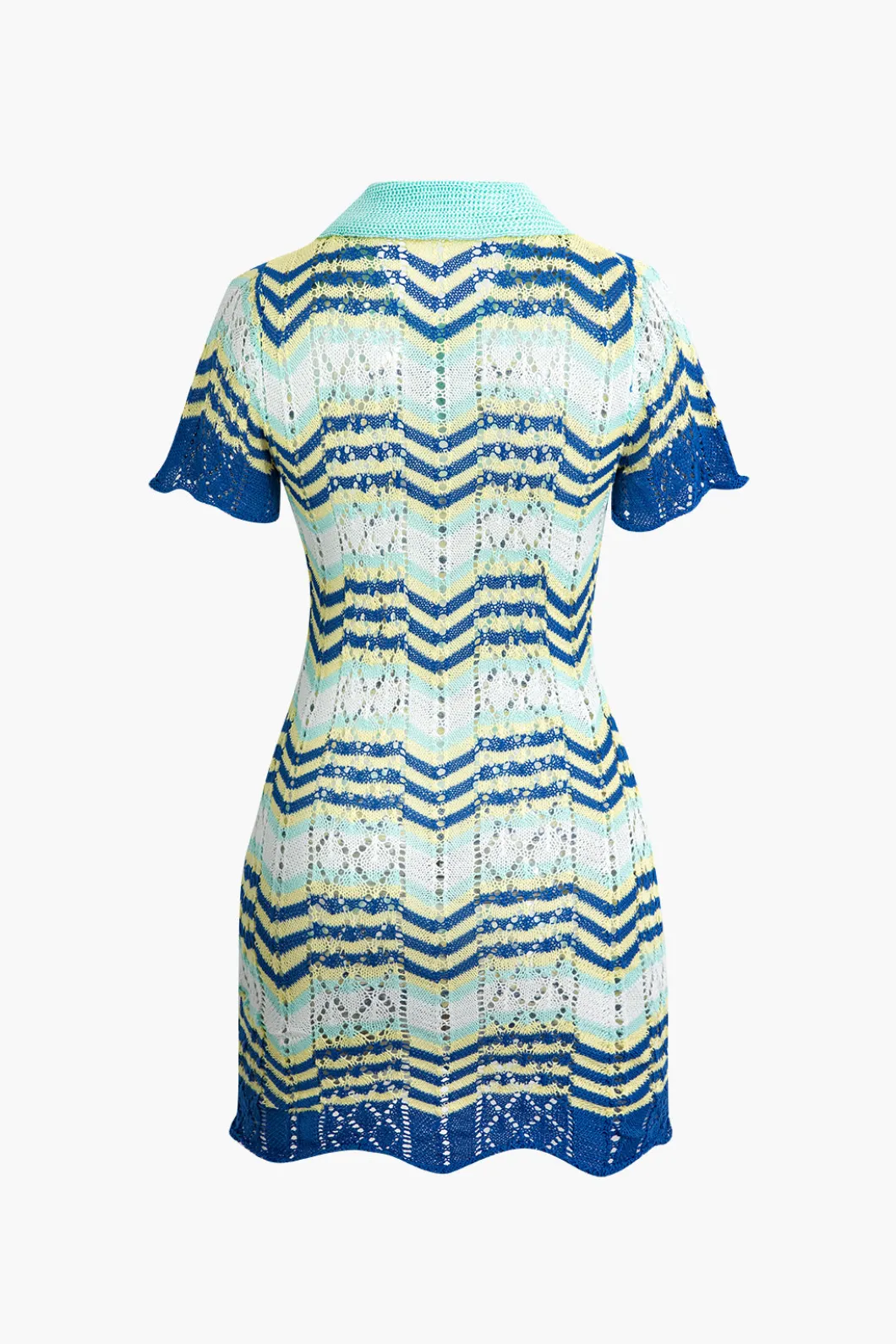 Color Block Crochet Polo Collar Short Sleeve Mini Dress>MICAS New