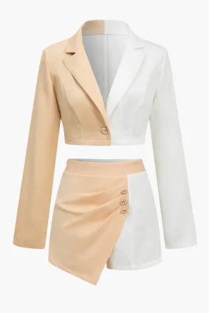 Color Block Cropped Blazer And Button Detail Skort Set>MICAS Online