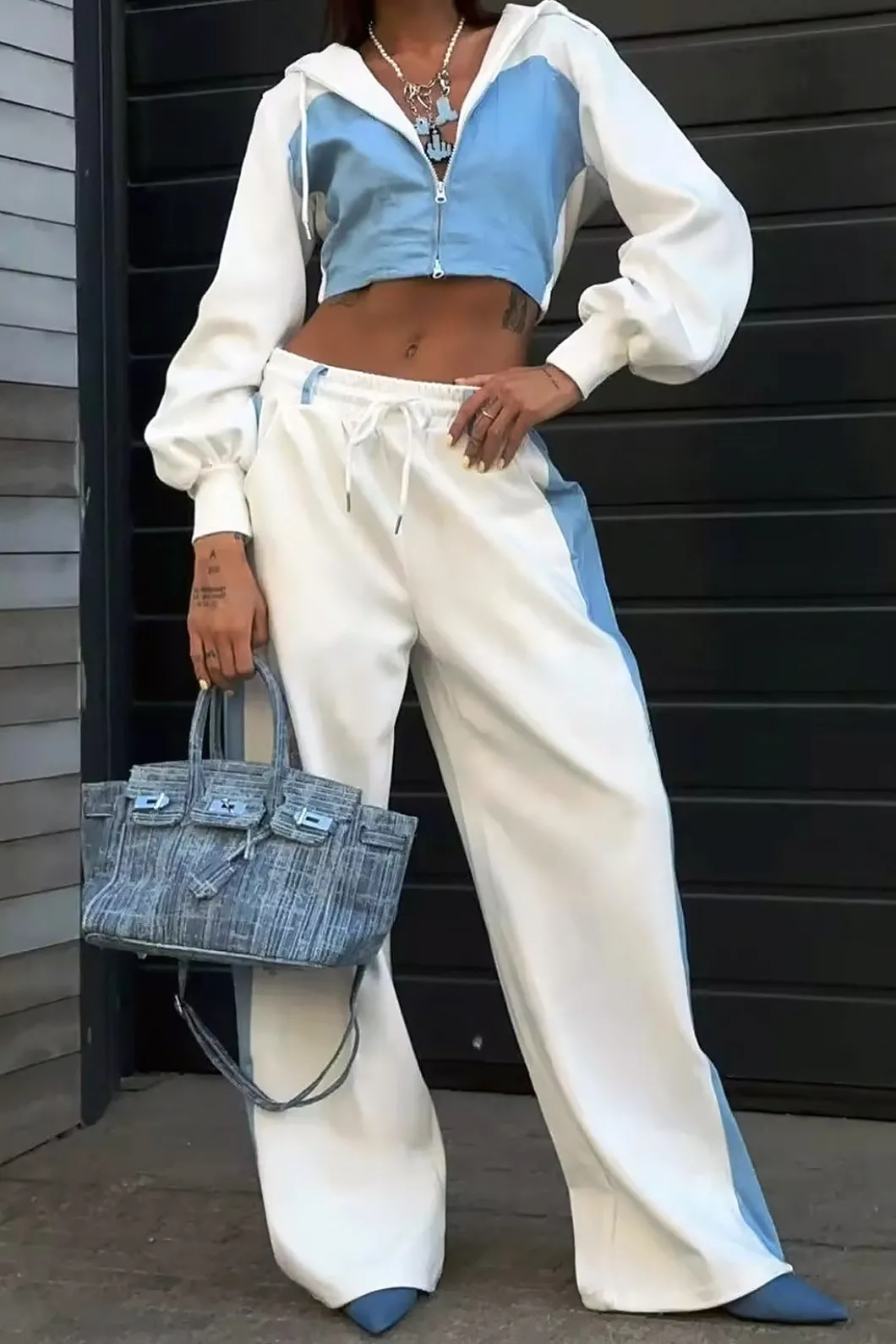 Color Block Denim Patchwork Hooded Zipper Jacket And Trousers Set>MICAS Sale