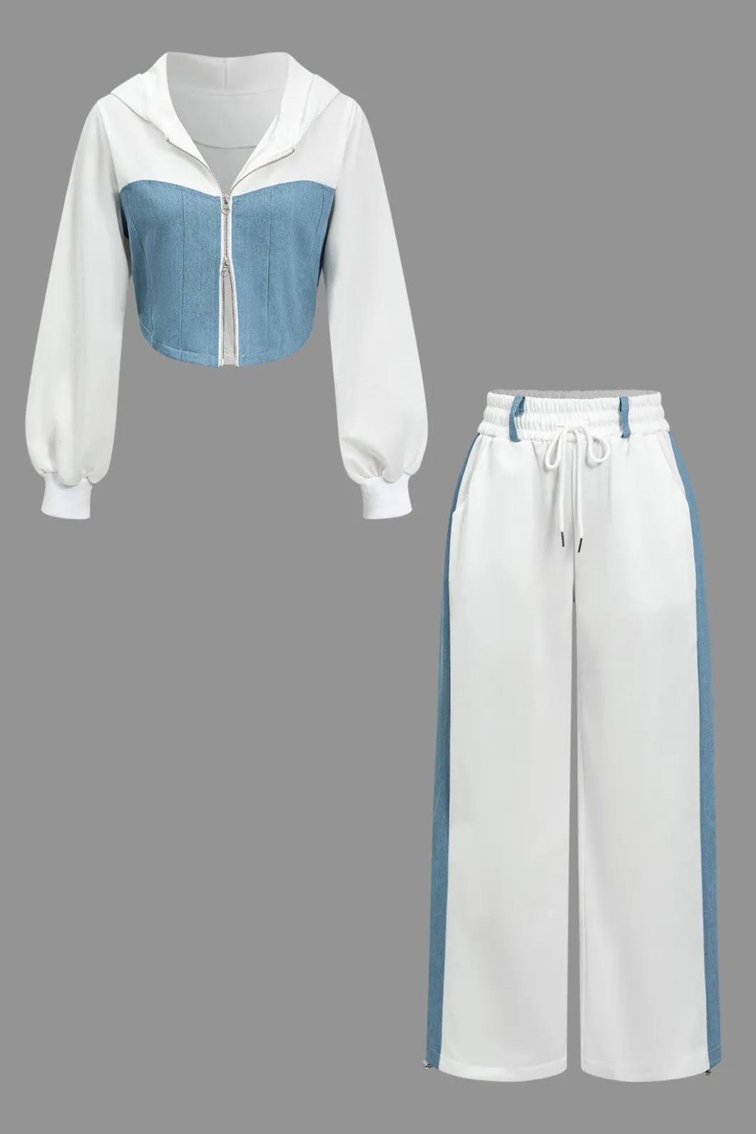 Color Block Denim Patchwork Hooded Zipper Jacket And Trousers Set>MICAS Sale