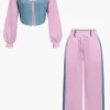 Color Block Denim Patchwork Hooded Zipper Jacket And Trousers Set>MICAS Sale
