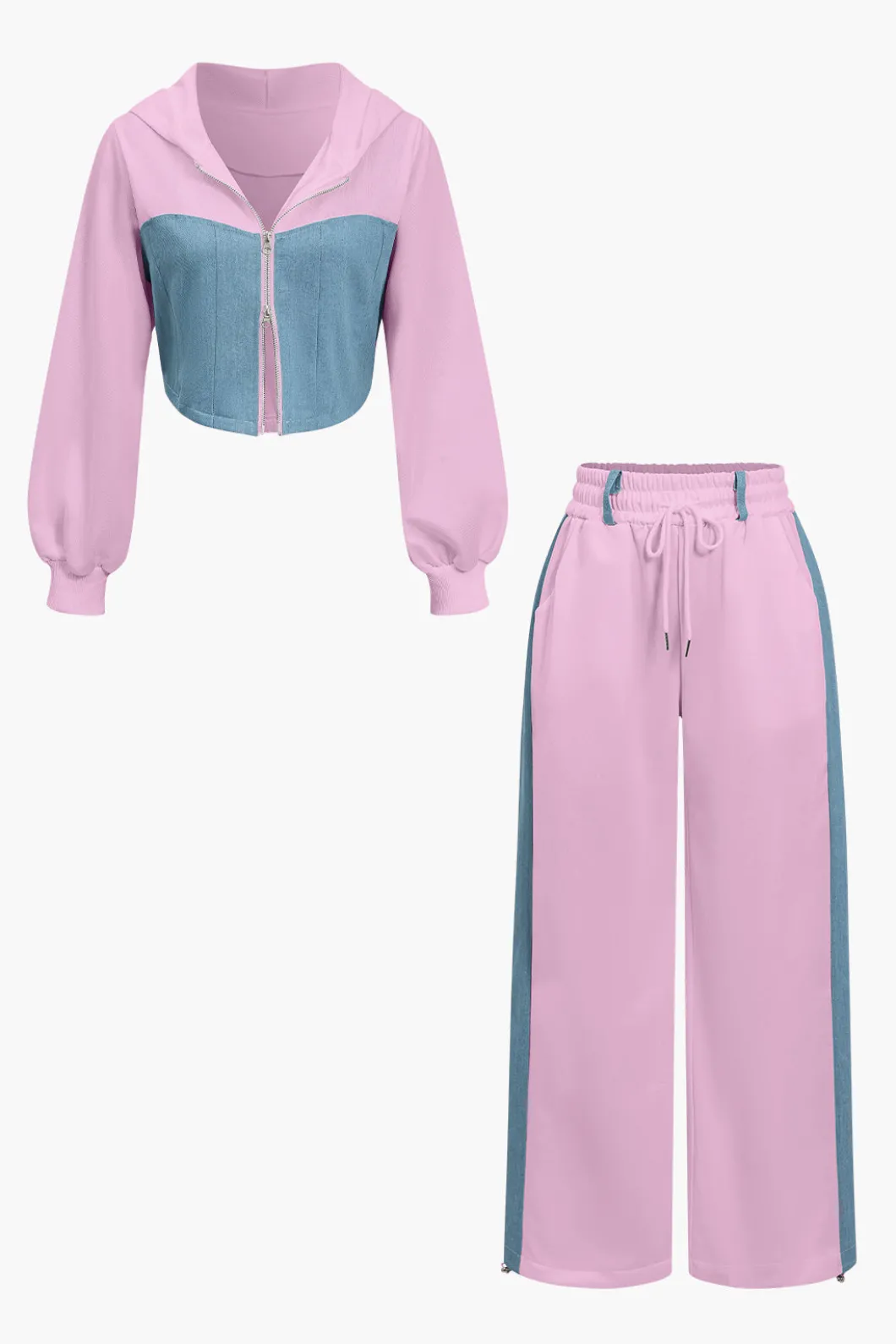 Color Block Denim Patchwork Hooded Zipper Jacket And Trousers Set>MICAS Sale