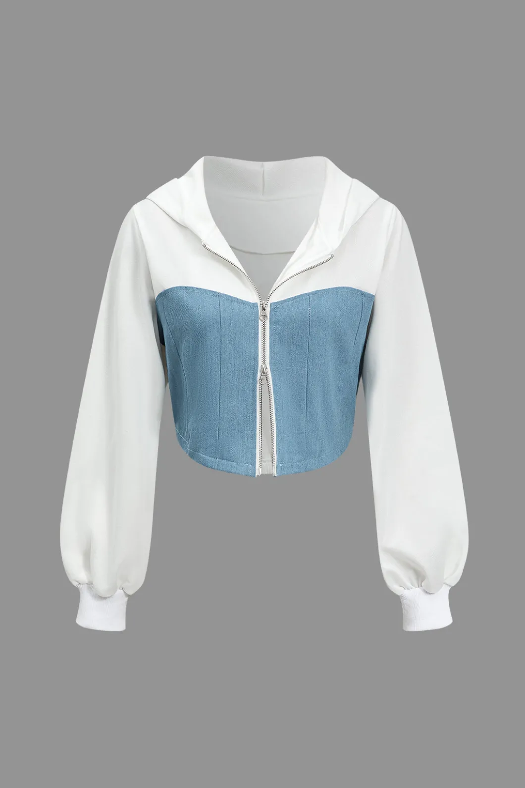 Color Block Denim Patchwork Hooded Zipper Jacket And Trousers Set>MICAS Sale