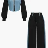 Color Block Denim Patchwork Hooded Zipper Jacket And Trousers Set>MICAS Sale
