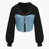 Color Block Denim Patchwork Hooded Zipper Jacket And Trousers Set>MICAS Sale