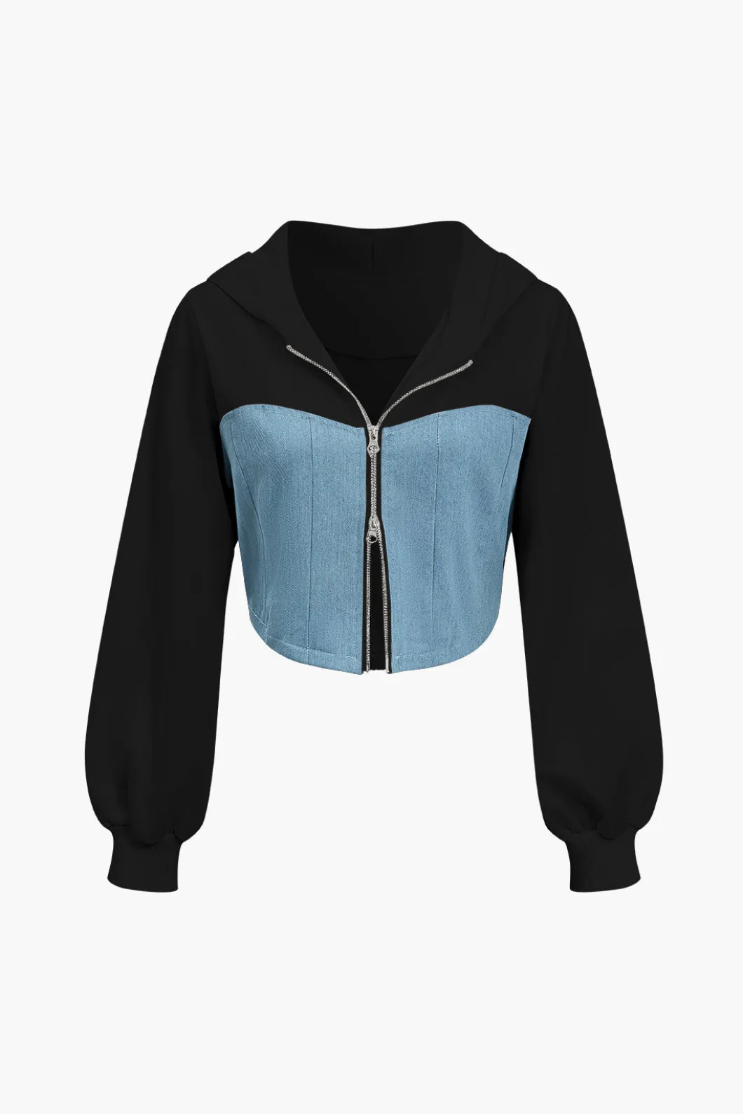 Color Block Denim Patchwork Hooded Zipper Jacket And Trousers Set>MICAS Sale