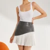 Color Block Faux Leather Pleated Asymmetrical Skirt>MICAS Best