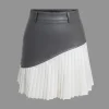 Color Block Faux Leather Pleated Asymmetrical Skirt>MICAS Best