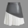 Color Block Faux Leather Pleated Asymmetrical Skirt>MICAS Best