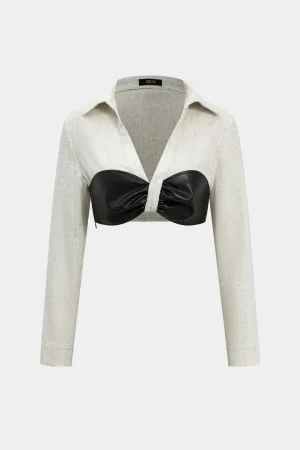 Color Block Faux Leather Linen Ruched Long-Sleeve Shirt>MICAS Fashion