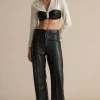 Color Block Faux Leather Linen Ruched Long-Sleeve Shirt>MICAS Fashion
