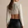 Color Block Faux Leather Linen Ruched Long-Sleeve Shirt>MICAS Fashion
