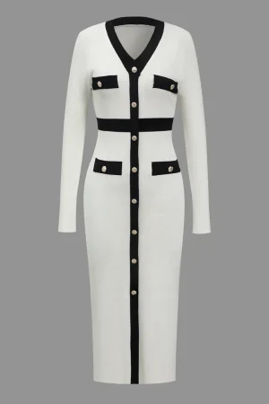 Color Block Knit Button Long-Sleeve Dress>MICAS Clearance