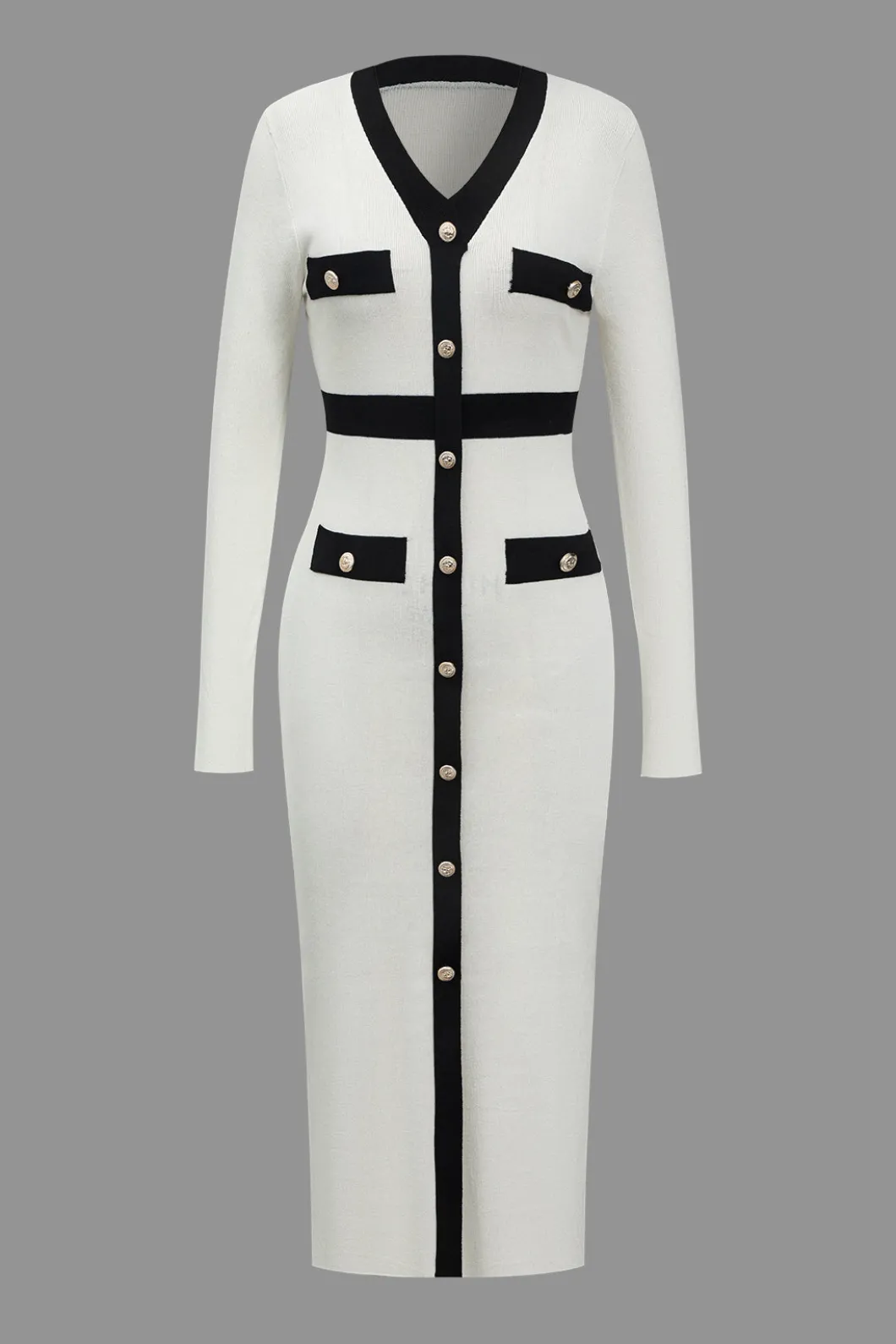 Color Block Knit Button Long-Sleeve Dress>MICAS Clearance