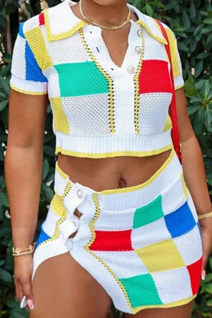 Color Block Knit Top and Split Mini Skirt Set>MICAS Hot