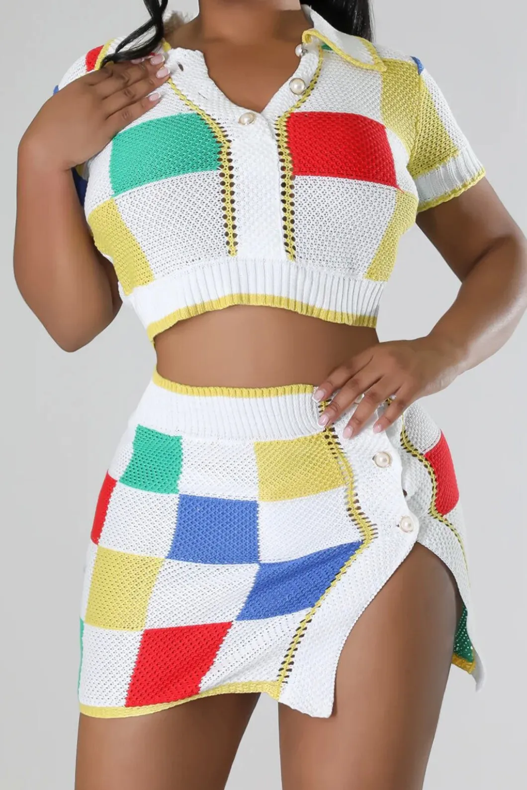 Color Block Knit Top and Split Mini Skirt Set>MICAS Hot