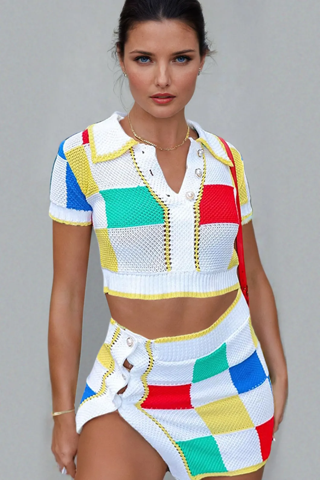 Color Block Knit Top and Split Mini Skirt Set>MICAS Hot