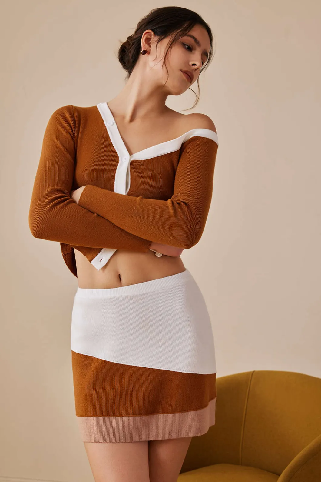 Color Block Print Knit Asymmetrical Long-Sleeve Top>MICAS Discount