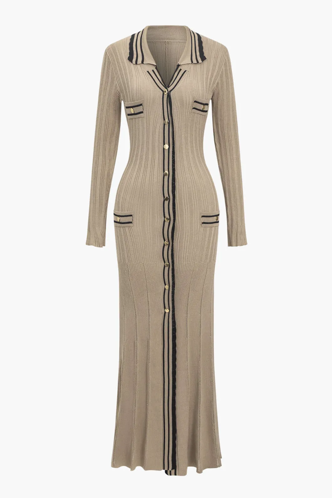 Color Block Print Knit Button Metallic Fake Pockets Dress>MICAS Best