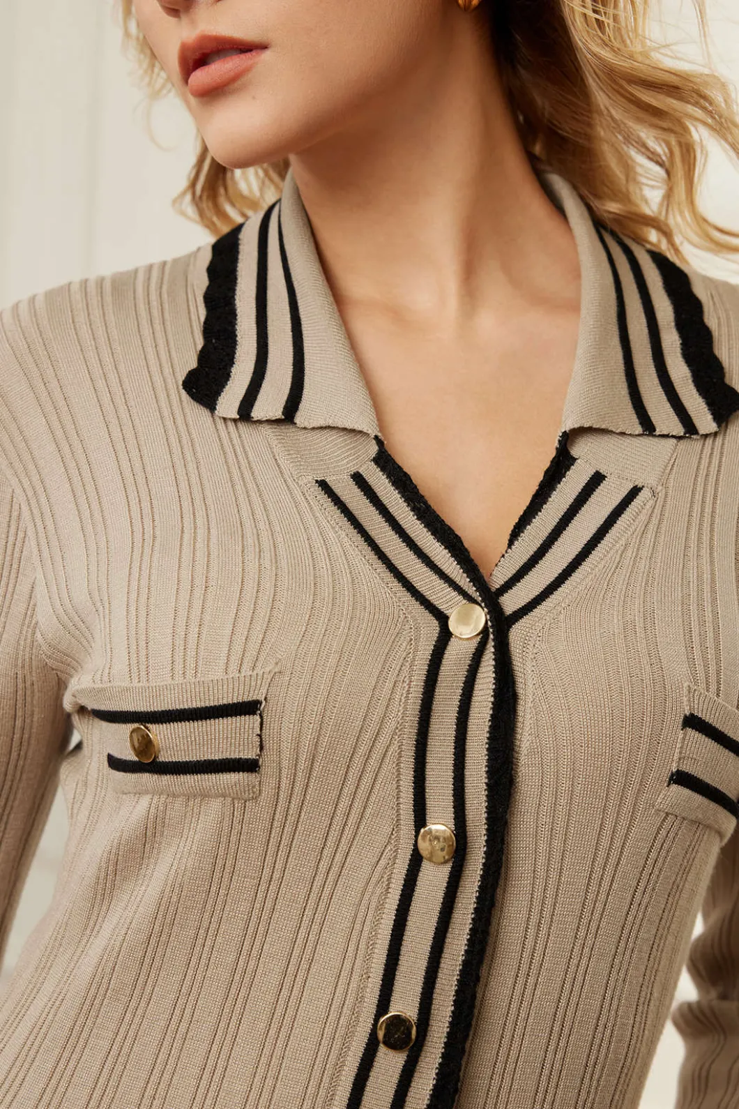 Color Block Print Knit Button Metallic Fake Pockets Dress>MICAS Best