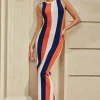 Color Block Print Knit Slit Maxi Dress>MICAS Clearance