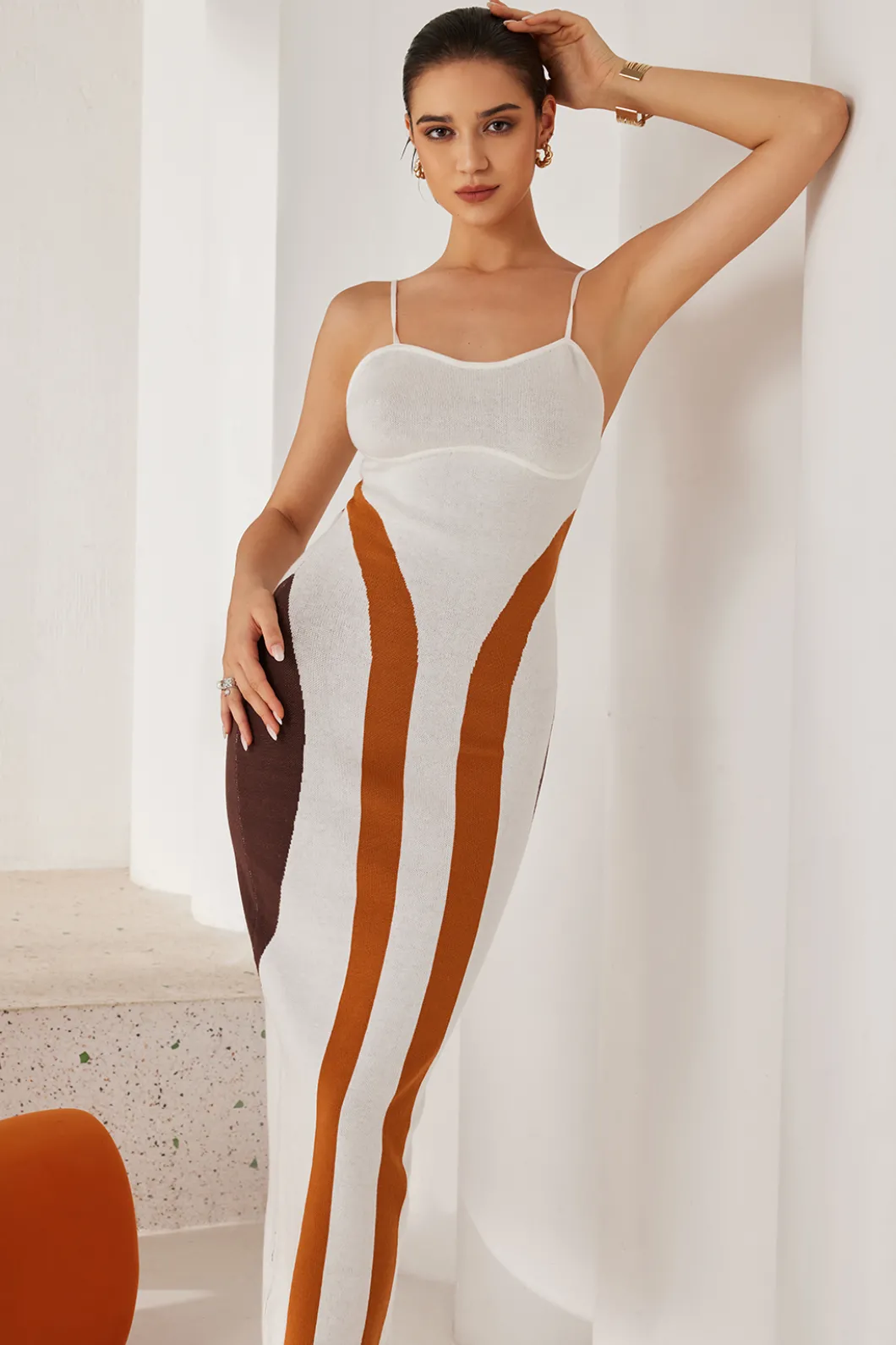 Color Block Print Knit Slip Maxi Dress>MICAS Fashion