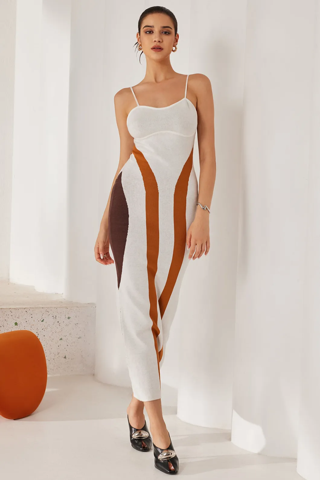 Color Block Print Knit Slip Maxi Dress>MICAS Fashion