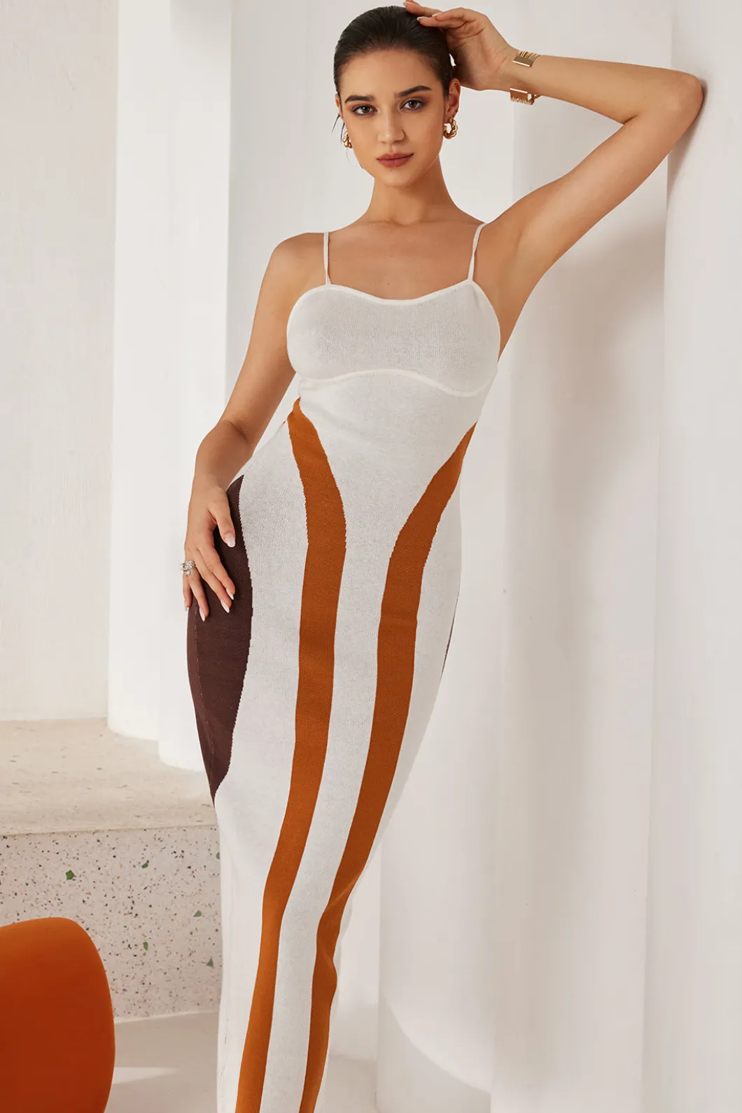 Color Block Print Knit Slip Maxi Dress>MICAS Fashion