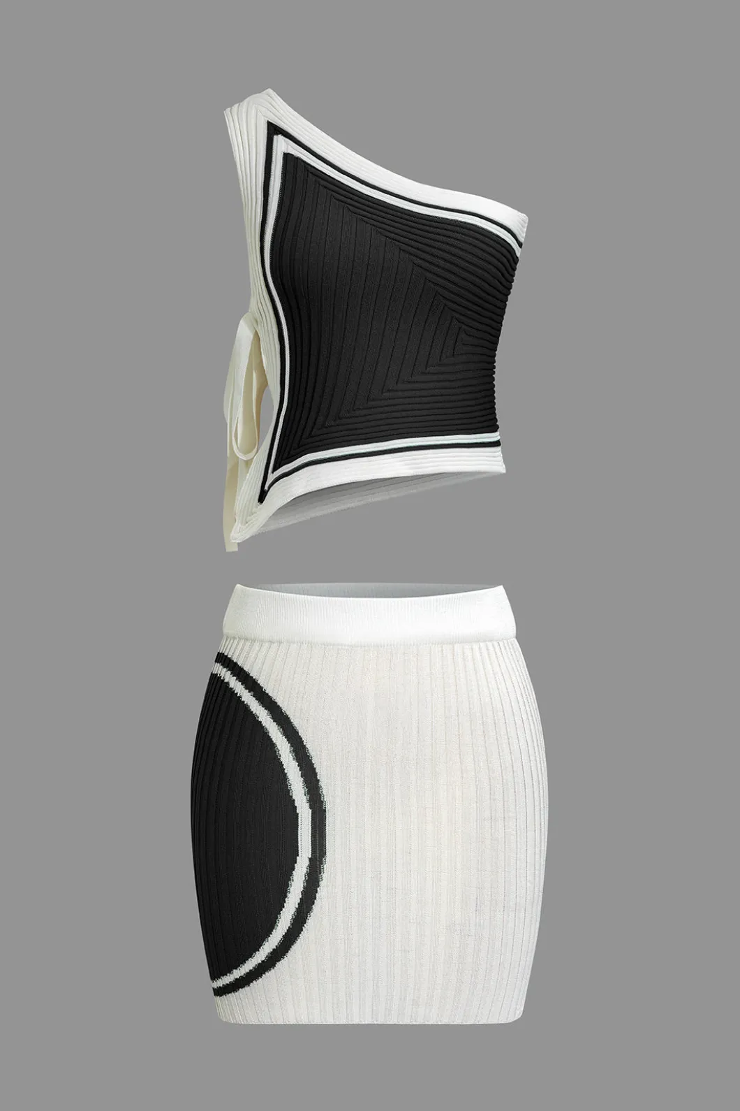 Color Block Print Knit Tie Side Asymmetrical Mini Skirt Set>MICAS Hot