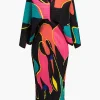 Color Block Print Pleated V-Neck Batwing Sleeves Maxi Dress>MICAS Discount