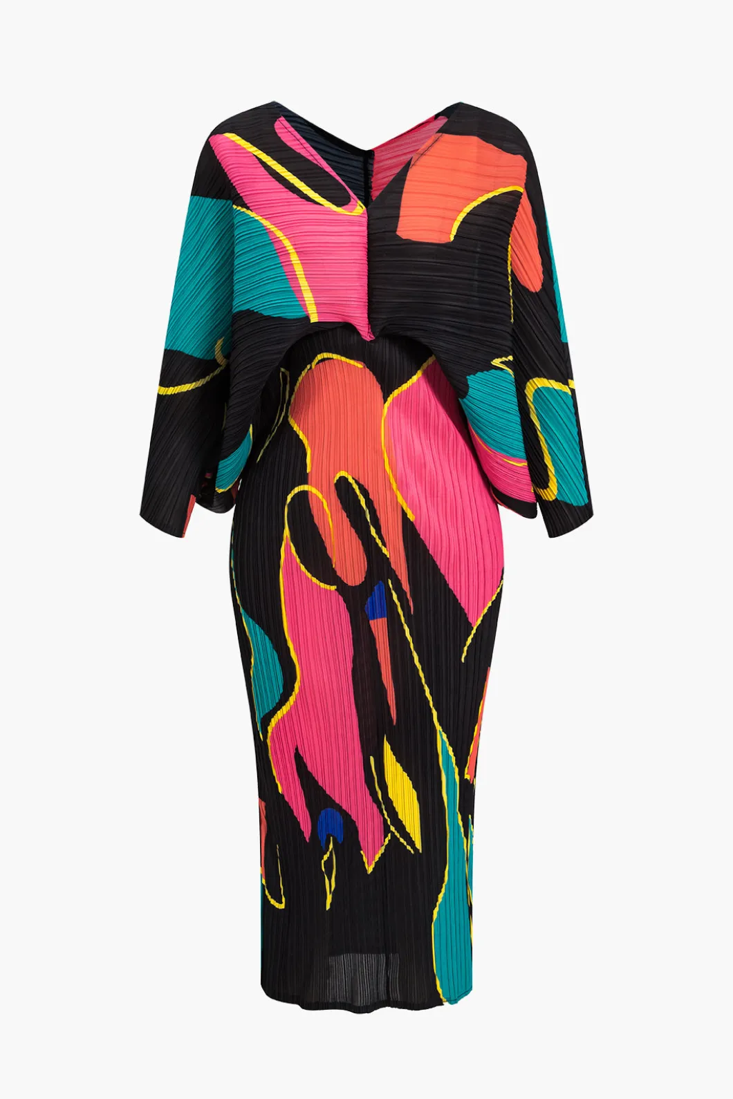 Color Block Print Pleated V-Neck Batwing Sleeves Maxi Dress>MICAS Discount