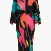 Color Block Print Pleated V-Neck Batwing Sleeves Maxi Dress>MICAS Discount