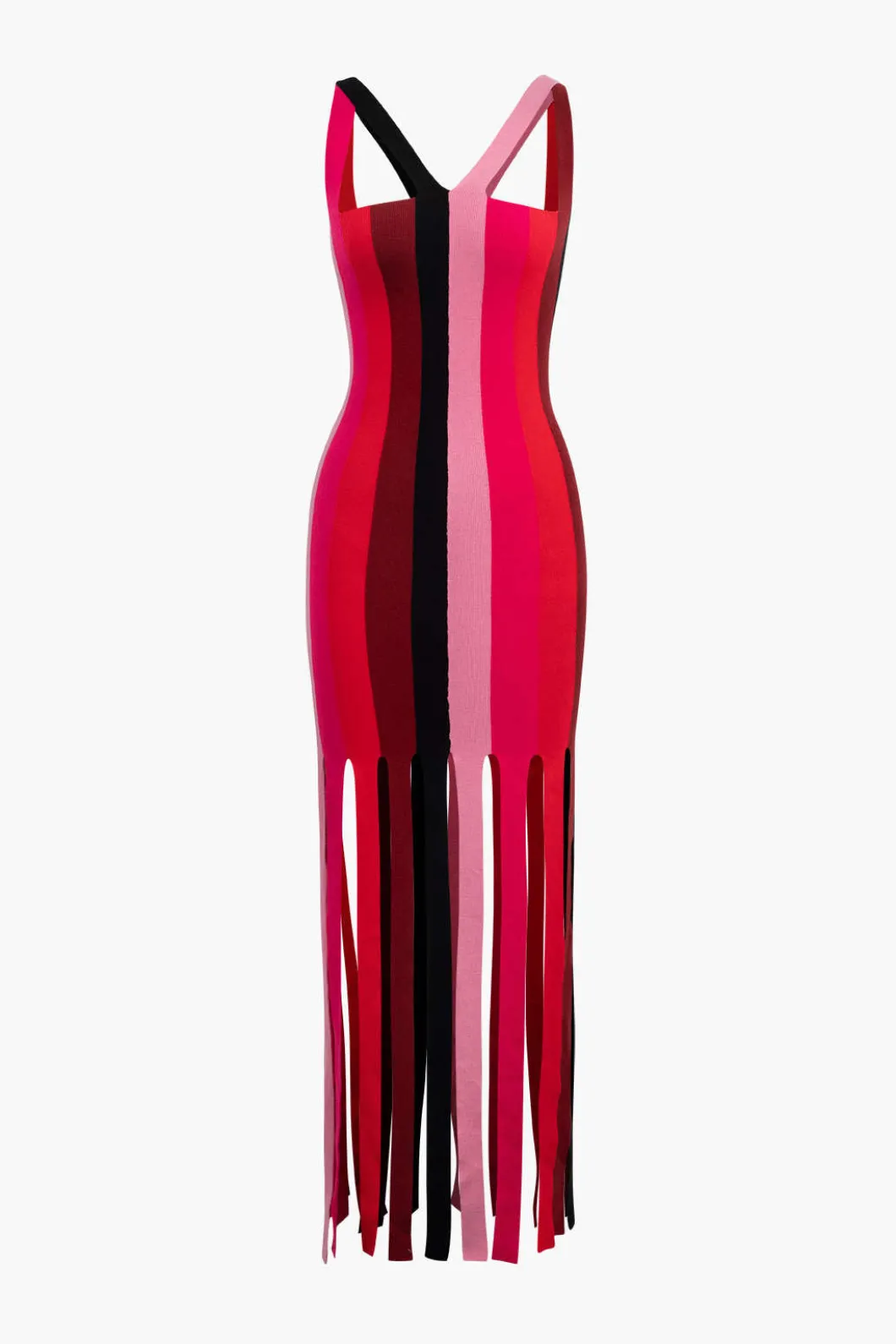 Colorblock Fringe Hem Sleeveless Knit Dress>MICAS Fashion