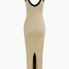Colorblock V-neck Ribbed Split Maxi Dress>MICAS Outlet