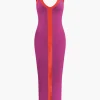 Colorblock V-neck Ribbed Split Maxi Dress>MICAS Outlet