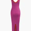 Colorblock V-neck Ribbed Split Maxi Dress>MICAS Outlet