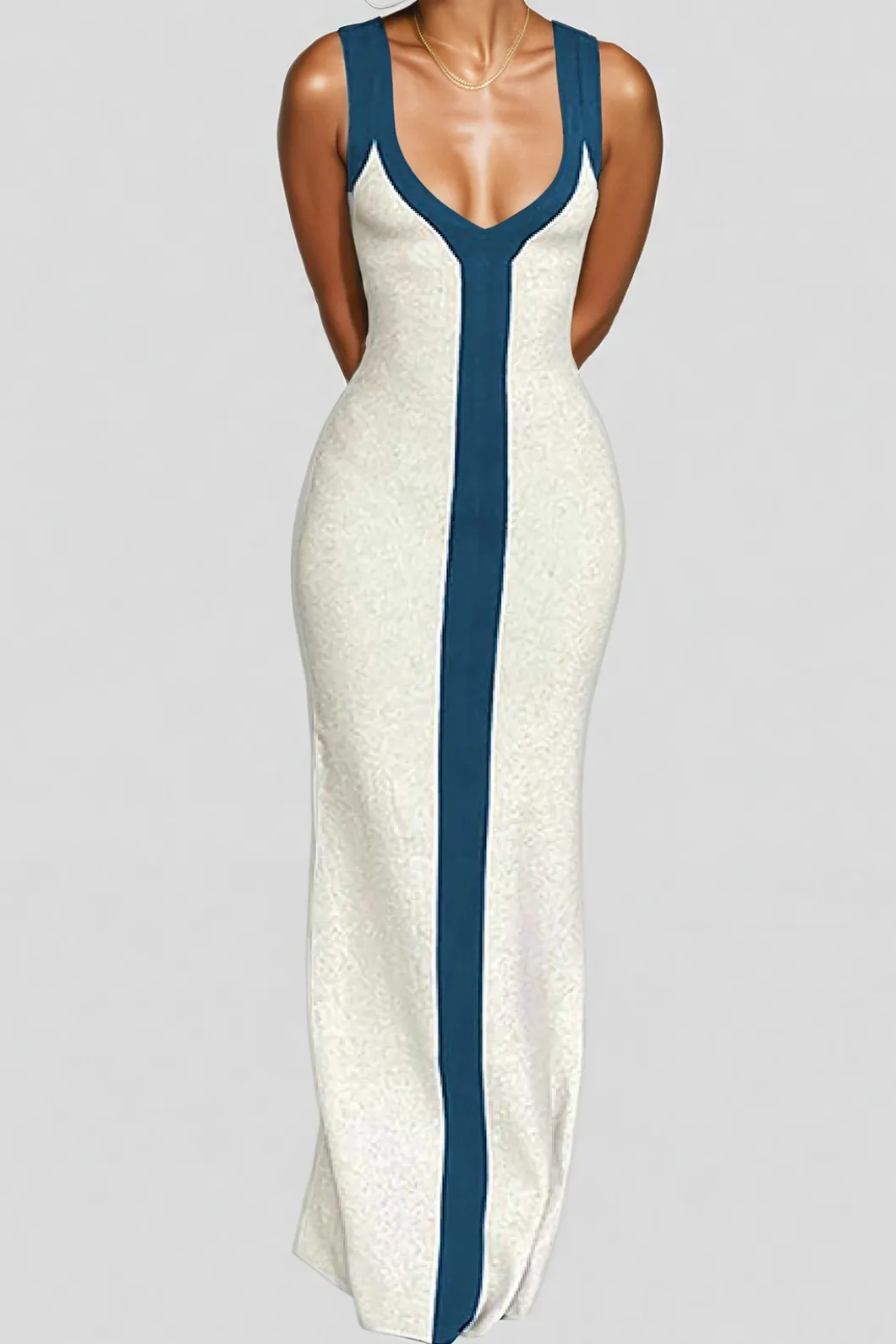 Colorblock V-neck Ribbed Split Maxi Dress>MICAS Outlet