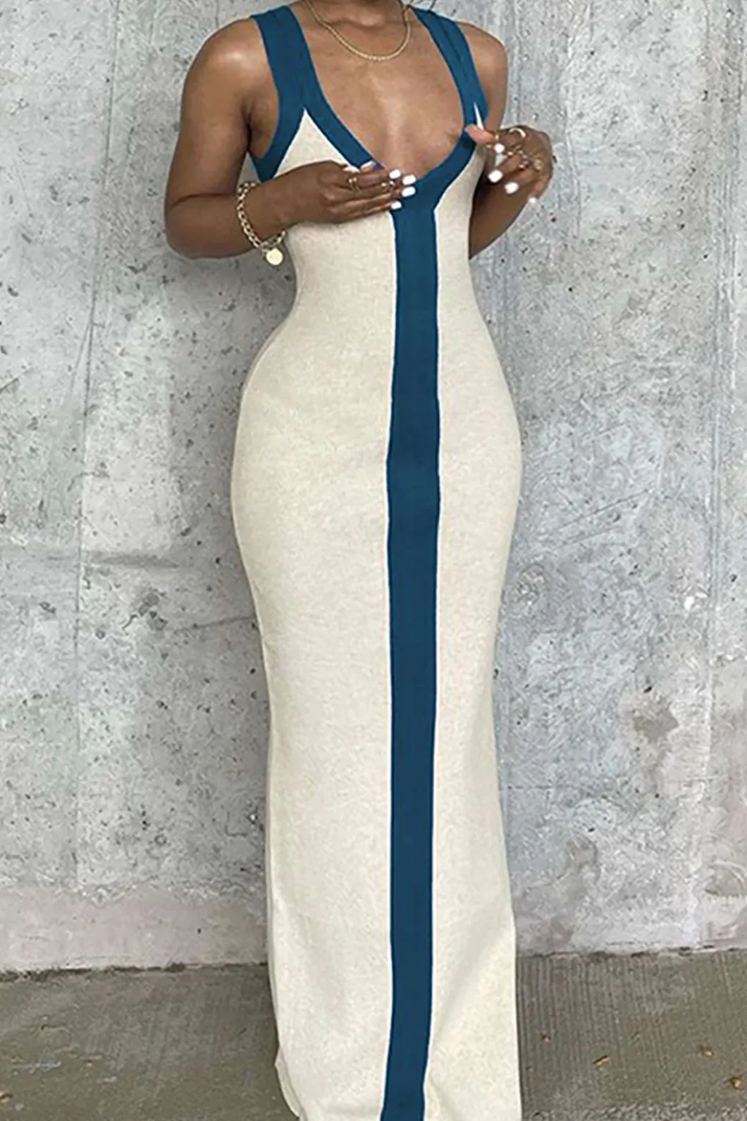 Colorblock V-neck Ribbed Split Maxi Dress>MICAS Outlet