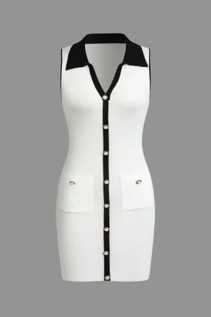Contrast Button Up Collared Sleeveless Knit Mini Dress>MICAS Discount
