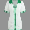 Contrast Button Up Short Sleeve Cardigan Hollow Out Knit Mini Dress>MICAS Hot