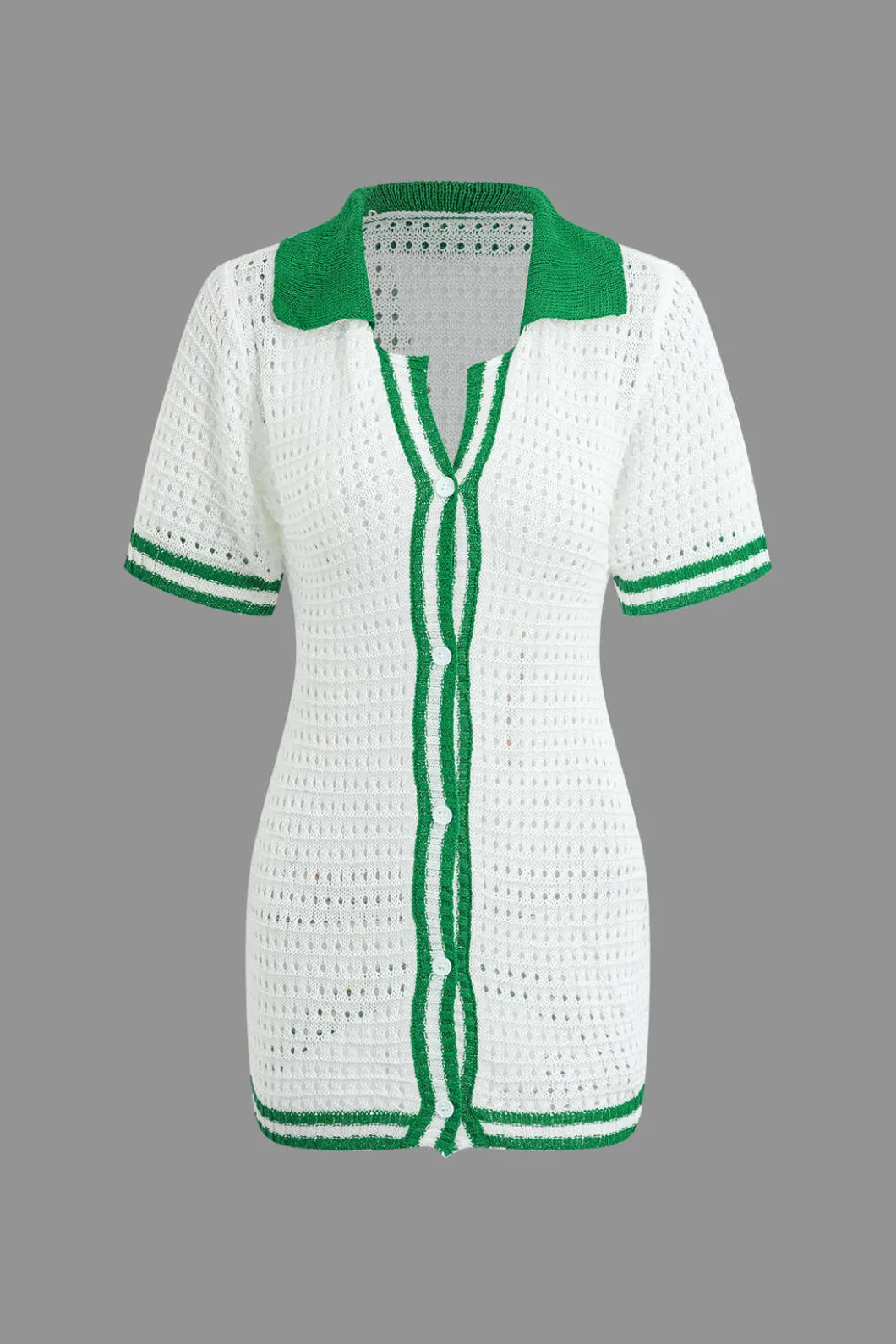 Contrast Button Up Short Sleeve Cardigan Hollow Out Knit Mini Dress>MICAS Hot