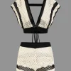 Contrast Crochet V-Neck Knit Shorts Set>MICAS New