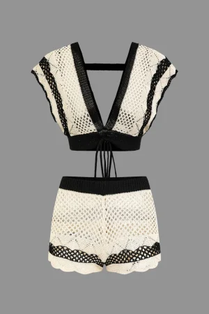 Contrast Crochet V-Neck Knit Shorts Set>MICAS New